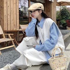 白色马甲搭配蓝色衬衫外套女春春秋2025新款设计感小众宽松两件套