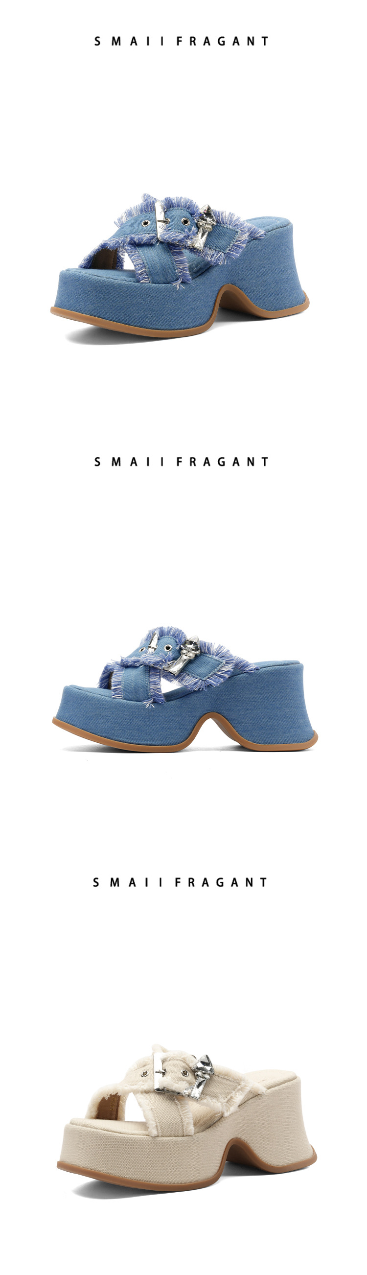 Dép sandal cao gót nữ hở mũi đế xuồng 9 cm quai ngang chất denim — Màu xanh lam denim, Vải bò trắng be chi tiết 11