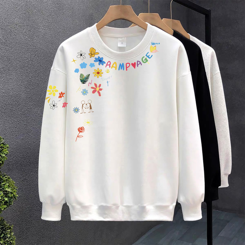 2025 Autumn/Winter New Korean Style Fashion White Women's Sweatshirt Without Fleece, Loose Fit Women's Crew Neck Sweatshirt Base Shirt