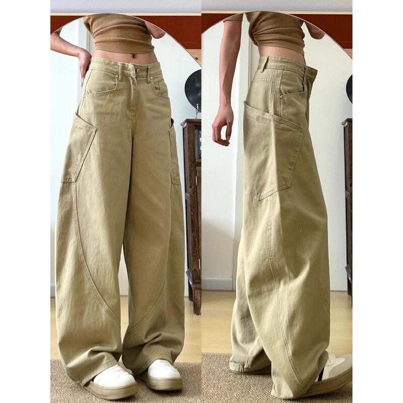 Khaki Casual Style Large Pocket Workwear Wide-Leg Jeans for Women, Autumn Versatile Slim-Fit Loose Fit Curved Pants Khaki Casual Style Large Pocket Workwear Wide-Leg Jeans for Women, Autumn Versatile Slim-Fit Loose Fit Curved Pants