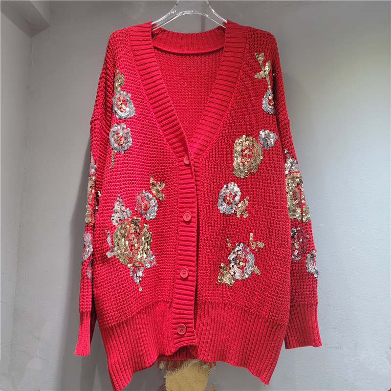 Diseño único de lentejas, cuerpo hermoso y pesado, diseño de flores, chaqueta de punto, cardigan para mujeres.