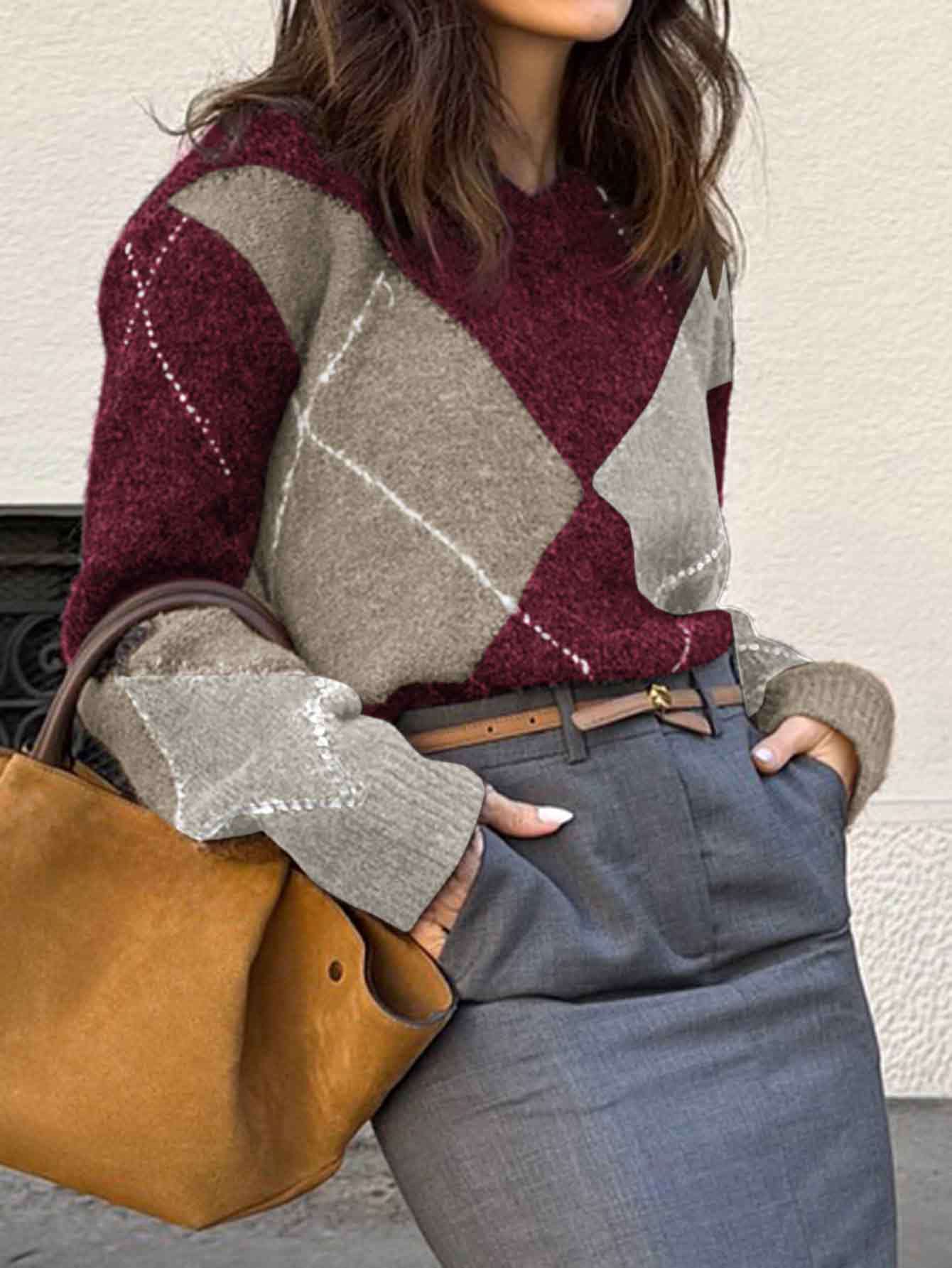 Kaikuo transfronterizo Europa y América ocio simple color mosaico de lana suéter de manga larga ropa de mujer 2025 otoño y invierno estación independiente de Amazon image 3
