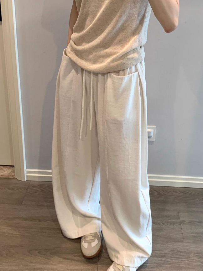Quần culottes nữ ống rộng cạp thun dây rút vải linen mùa hè — màu đen, màu trắng ngà