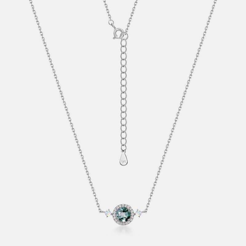 Collar de ágata de hierba de agua natural de lujo ligero clásico transfronterizo femenino S925 plata con incrustaciones de musgo verde cadena de clavícula lujo ligero