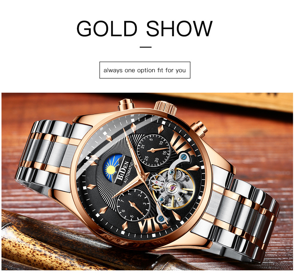 Biden Men's Mechanical Watch Multifunctional Sun Moon Star Luminous_voghion.com