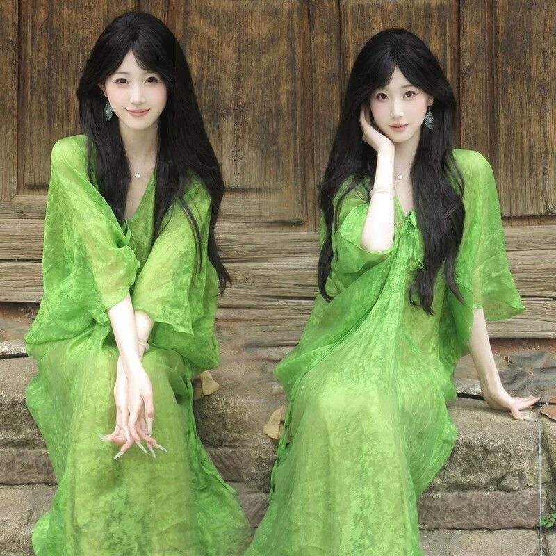 Casual V-neck green dress for women, 2026 new model, batwing sleeve, lightweight sheer shirt dress, beach vacation dress Casual V-neck green dress for women, 2026 new model, batwing sleeve, lightweight sheer shirt dress, beach vacation dress