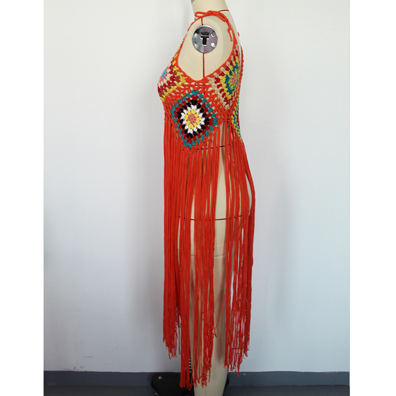 Sexy Hand Crocheting Tassel Mid Length Bohemian White Beach Dress in Dresses