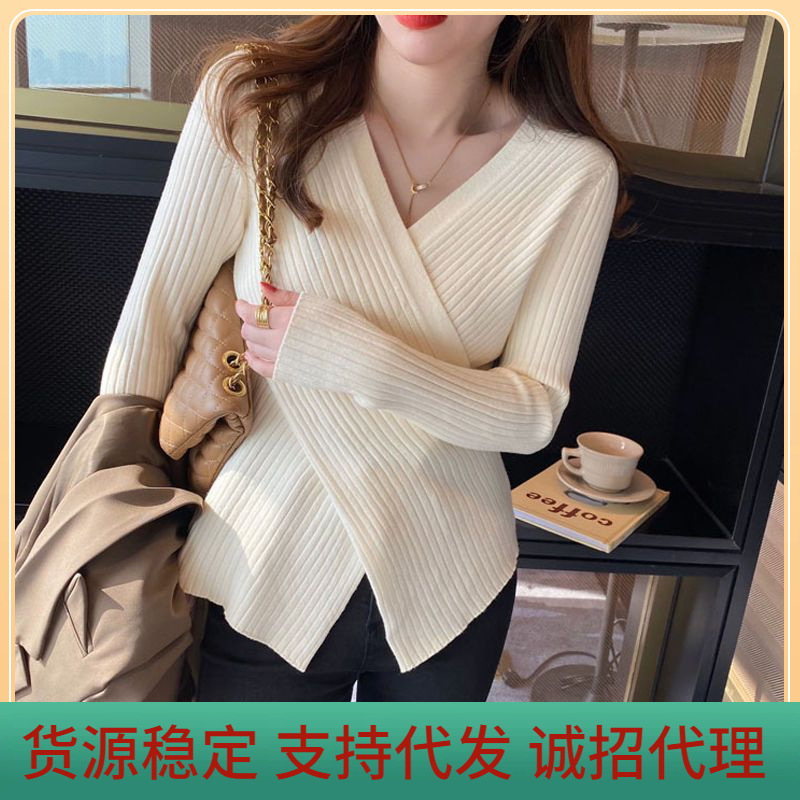 Cross V-neck Knitted Base Shirt Women's Inner Wearing Western Style...