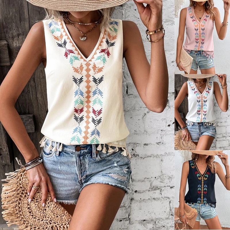 Top de Verano 2025 para Mujer, Estilo Étnico, Cuello en V, Bordado, con Parches y Flecos, para Venta Transfronteriza en Amazon Europeo y Americano