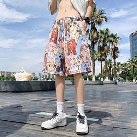 男士卡通猫咪满印五分短裤松紧腰宽松直筒透气潮流休闲运动沙滩裤