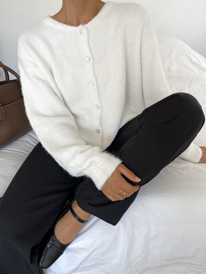 Áo khoác cardigan len nữ cổ tròn dài tay cài một hàng cúc phong cách retro thanh lịch — Màu trắng, Màu xám đậm, Xanh da trời, Xanh lá cây