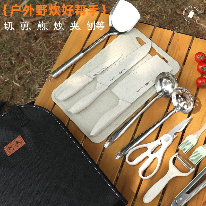 Bolsa de almacenamiento equipo de camping al aire libre cocina en el sitio conjunto de camping combinación mayorista de acero inoxidable conjunto de herramientas de campo