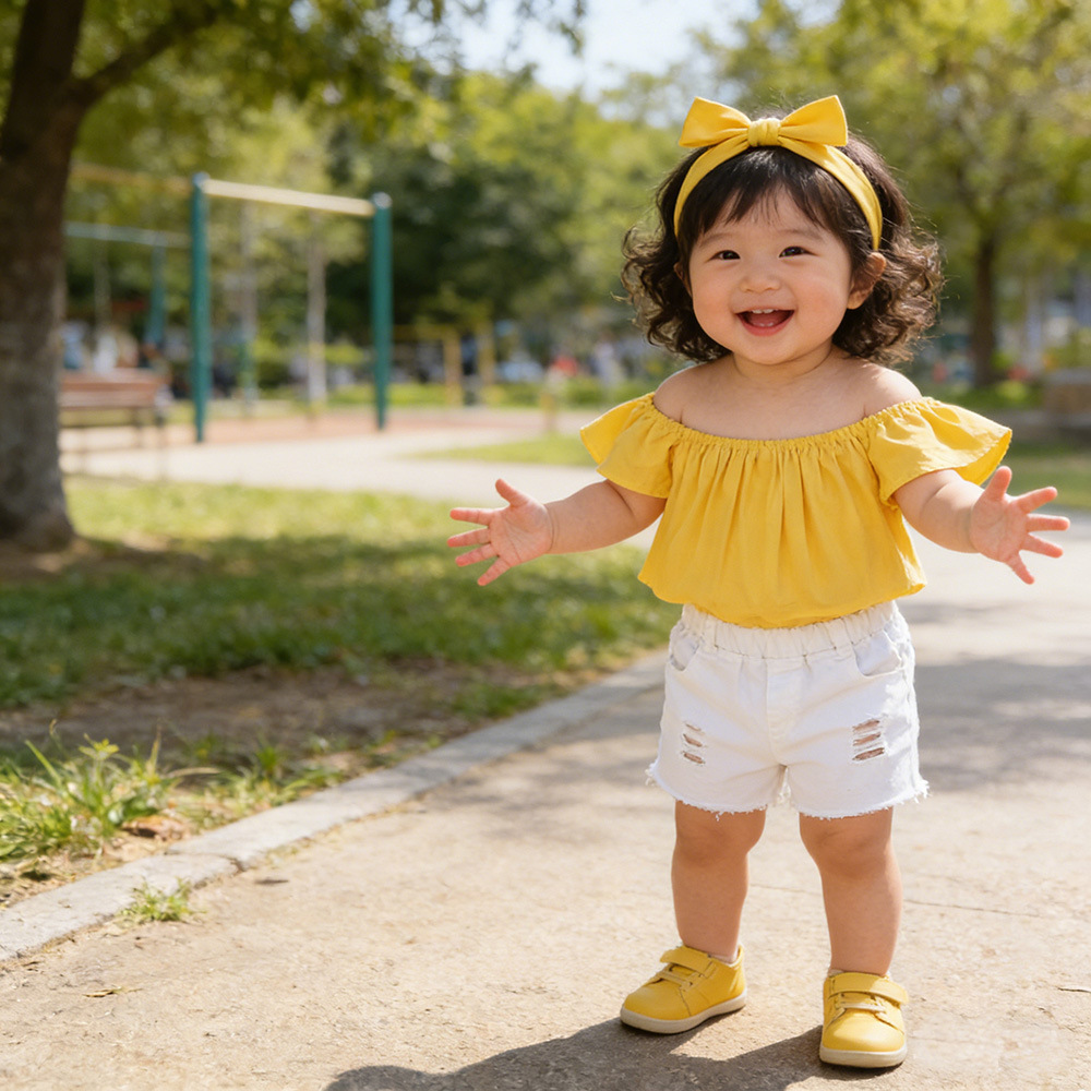 Summer New European and American Style Children's Set: Ins Girls' Yellow Off-Shoulder Tube Top + Denim Shorts, Available for Wholesale