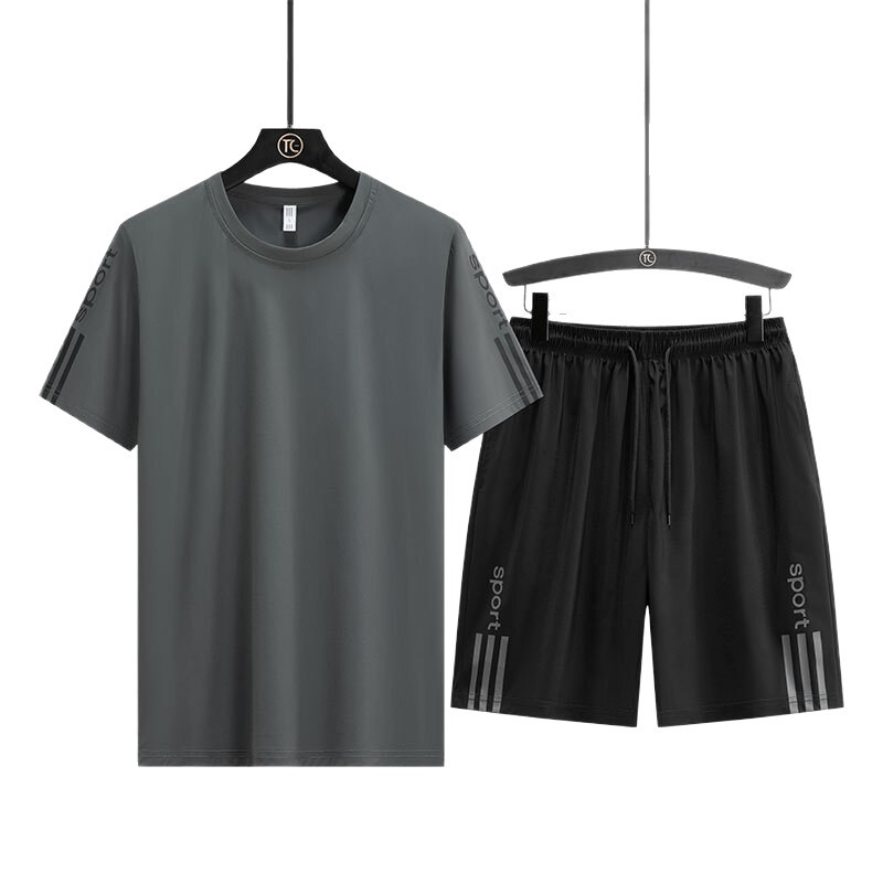 Trajes deportivos de hielo de verano para hombres, camisetas de dos piezas para hombres, pantalones casuales de hielo de manga corta para hombres, pantalones cortos de secado rápido para hombres, moda