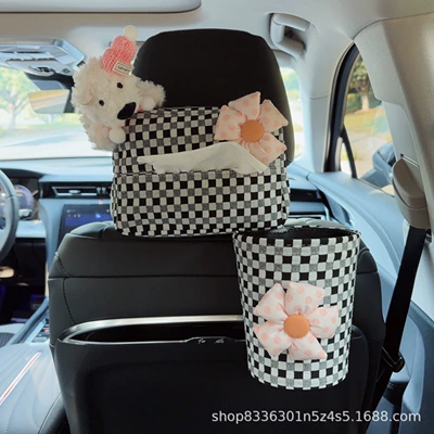 Car tissue box/set | for car seat decoration - pink-hat-west-highland-black-and-white-bubble-pattern-tissue-box-pink-floral-black-and-white-bubble-pattern-trash-bin-seat-version