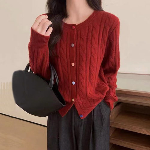 Retro soft waxy love color button twist knitted cardigan sweater for women autumn and winter design niche fashion commuting trend