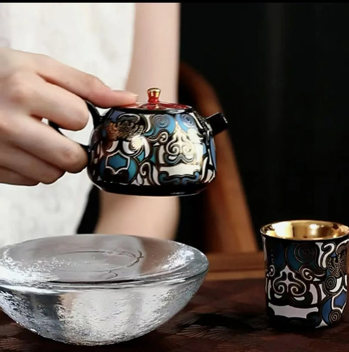 Gold and Silver Inlay Carving Color-Contrasting Taotie Tea Pot Small Size Gongfu Tea Pot Chinese Ceramic Tea Set Home Use Single Teapot