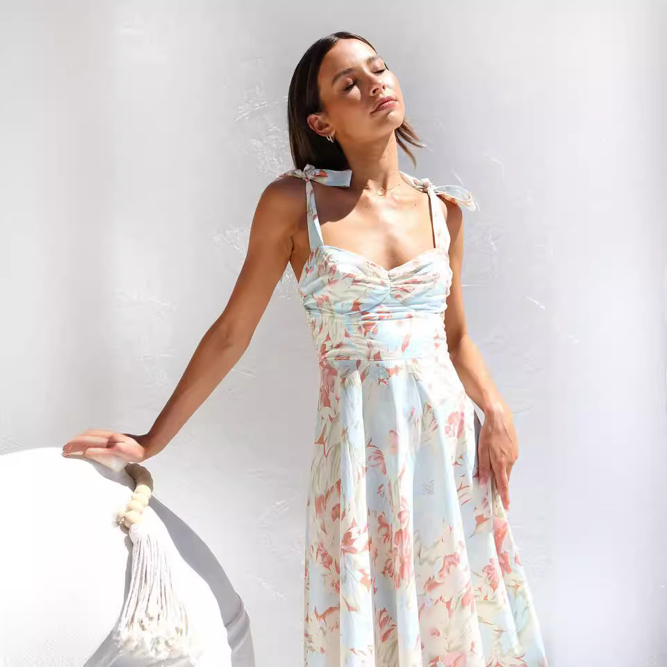 Women's Clothing Summer Slim Fit Waist V Neck Sling Print Mid Length Dress For Women For Formal & Casual For Women_ecoleips.com