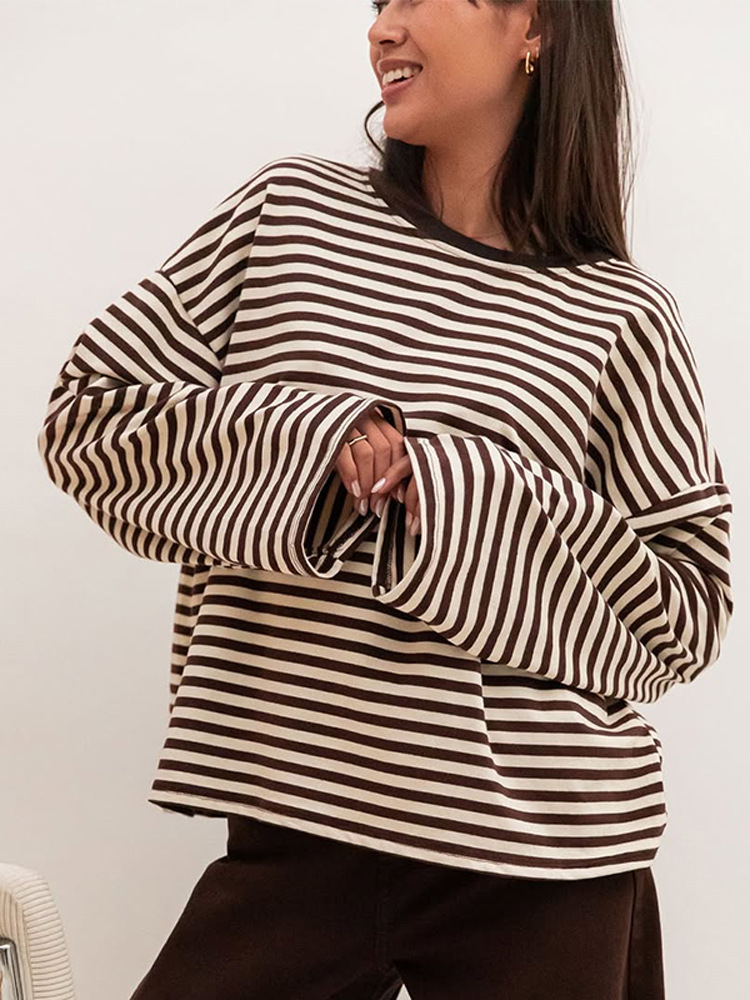 Moda universal relajado cuello redondo de manga larga rayas camiseta de punto 2025 otoño y invierno nuevo estilo europeo y americano transfronterizo