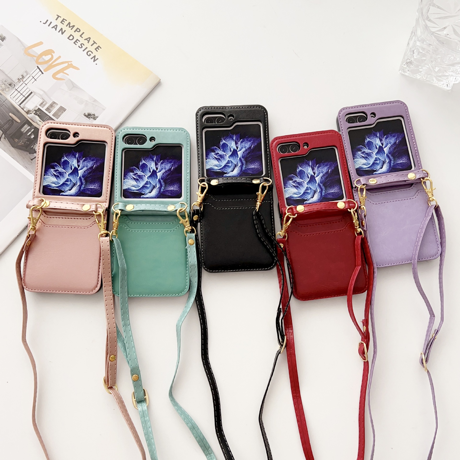 Suitable for Samsung ZFlip5 color blocking glossy card ZFLIP3/4 diagonal hanging rope fashion socialite foldable phone_voghion.com