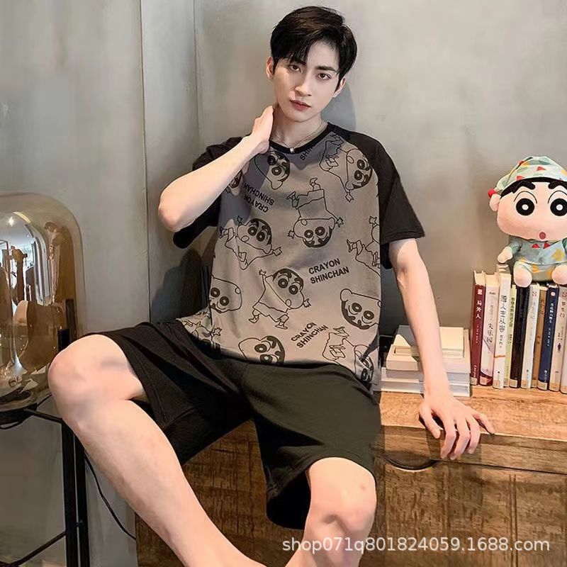 [Milk Silk] Summer Men's Short Sleeve Pajama Set with Shorts, Simple Cartoon Casual Sleepwear Homewear Set
