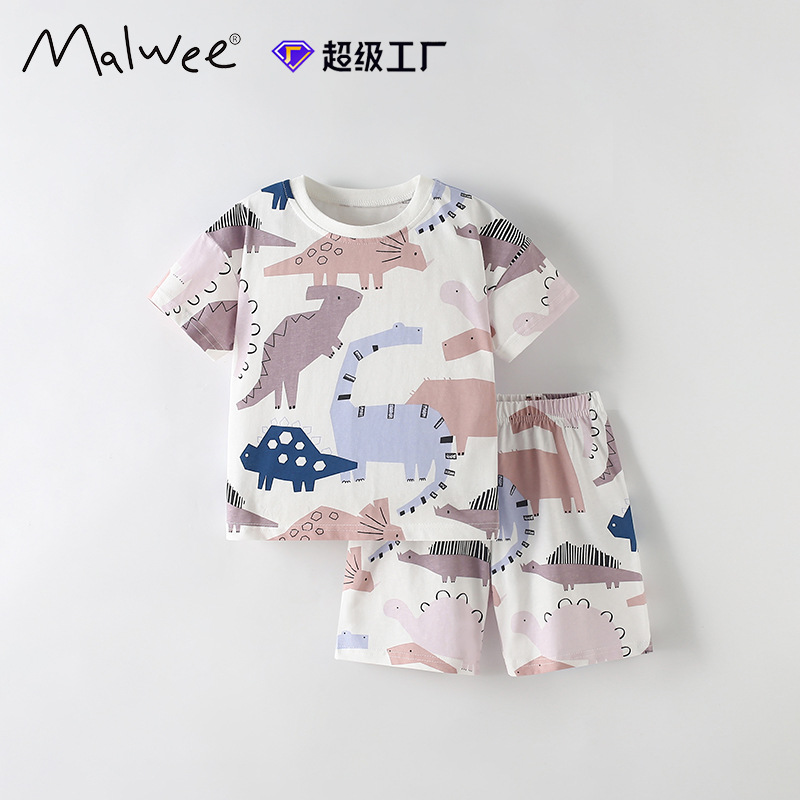 Malwee niños de dos piezas verano nuevo estilo europeo y americano niños pequeños y medianos cuello redondo pantalones de cintura elástica de manga corta traje para niños