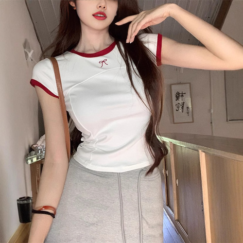 Bow-knot Embroidery Short-Sleeve T-Shirt for Women: Summer Sweet & Spicy Style, Slimming Fit with Bold Color-Blocked Hemlines—Chic Instagram-Worthy Top
