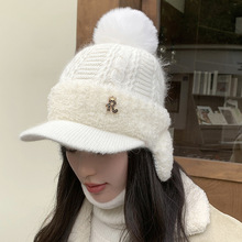 时尚兔毛球加绒护耳防风保暖帽女秋冬季韩版加厚针织帽现货批发