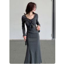 原创秋季新款性感辣妹修身显瘦包臀裙方领长袖连衣裙长款鱼尾裙