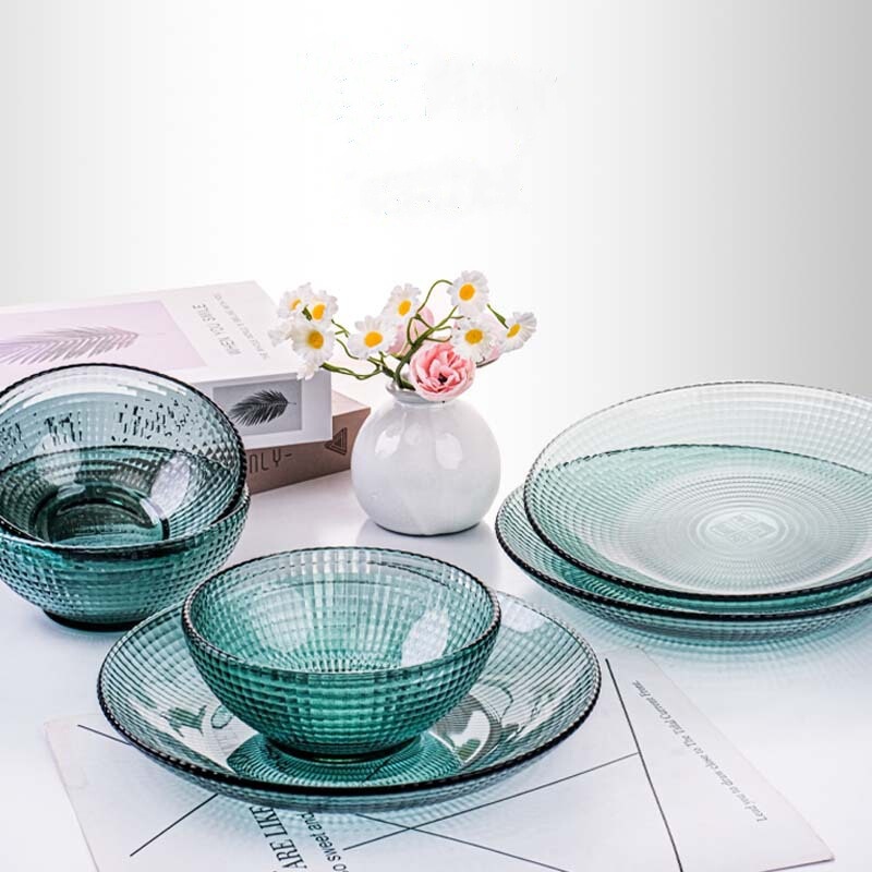 Thousand Star Wave Dot Series Lake Green High Borosilicate Glass Tableware Heat-Resistant Glass Cup Rice Bowl Deep Plate Home Microwaveable