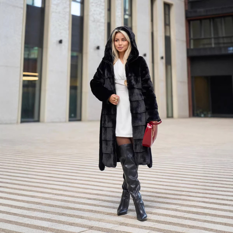 Cross-Border Fur Women's Coat Factory Wholesale Fur Jacket Long Warm Hooded Faux Mink Artificial Fur Top Cross-Border Fur Women's Coat Factory Wholesale Fur Jacket Long Warm Hooded Faux Mink Artificial Fur Top
