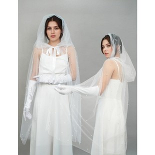 Long Hooded Lace-Up Pearl Mesh Cloak Bride Wedding Wedding Dress Travel Photo White Cloak Cross Border