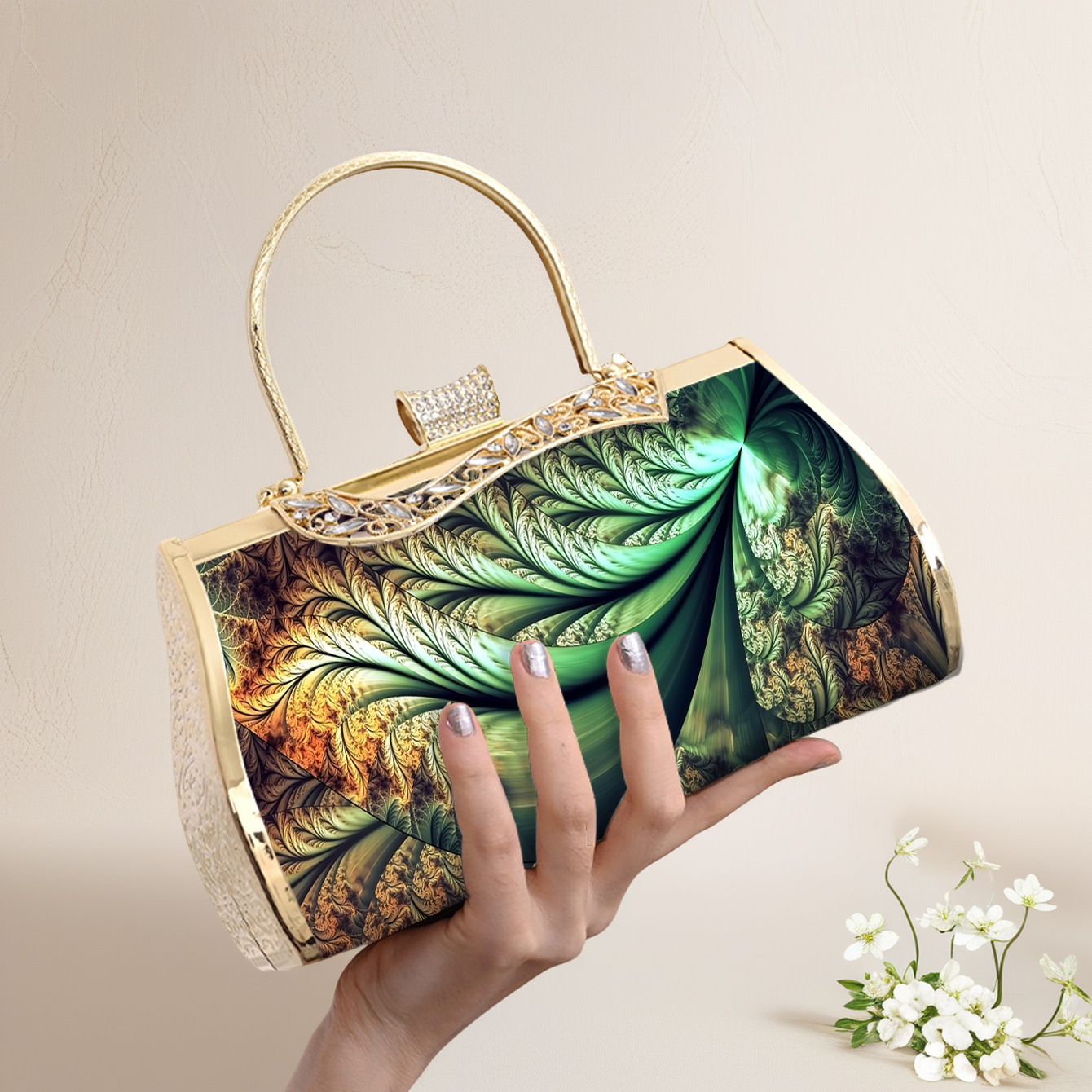 Elegante Abendtasche In Smaragdgrün Mit Blumenmuster Und Gold_voghion.com