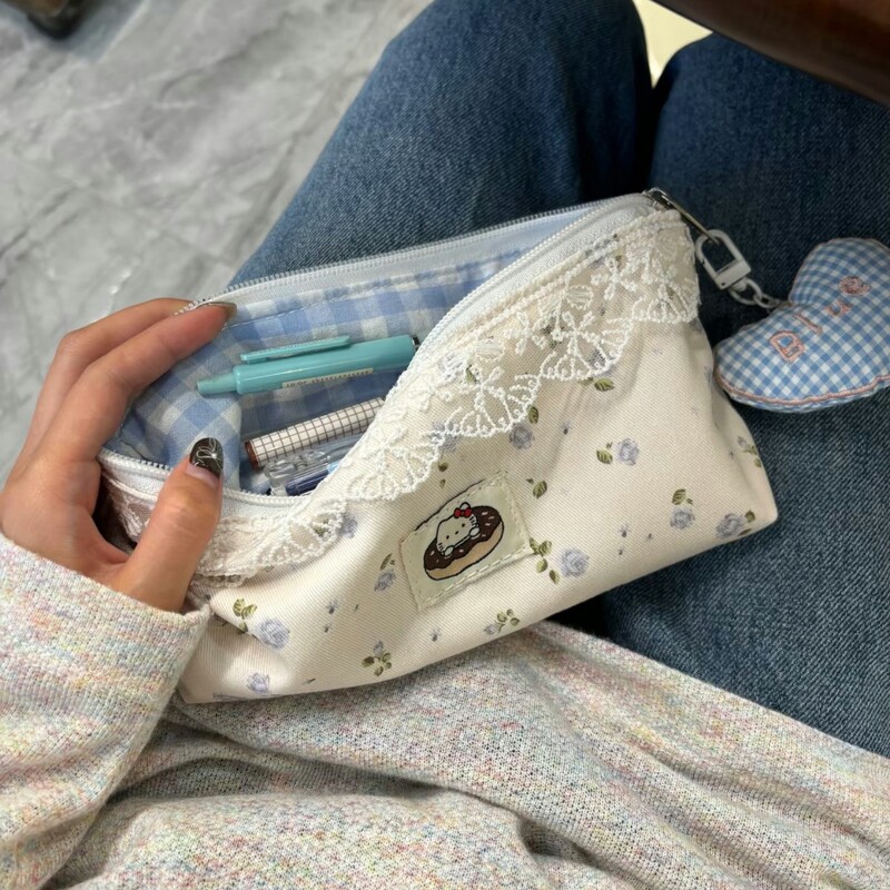 フレッシュレース小花キティ猫鉛筆バッグインシンプルな大容量学生文具収納かわいい化粧品バッグ|undefined