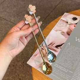 不锈钢加长柄搅拌咖啡勺精致可爱轻奢甜品勺子ins高颜值樱花冰勺