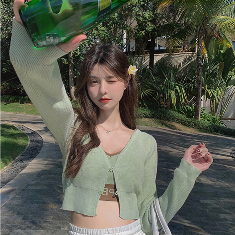 Ice Silk Knitted Cardigan Coat For Women,Long-sleeved Spring And Summer Thin Shawl,Sun Protection Air-conditioning Shirt,Short Top