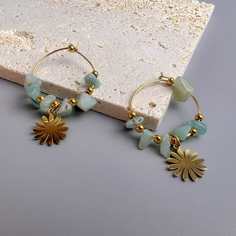 Leaf, Sun, Butterfly Pattern 1 Pair Bohemian Leaf Sun Butterfly Stainless Steel Gravel Earrings