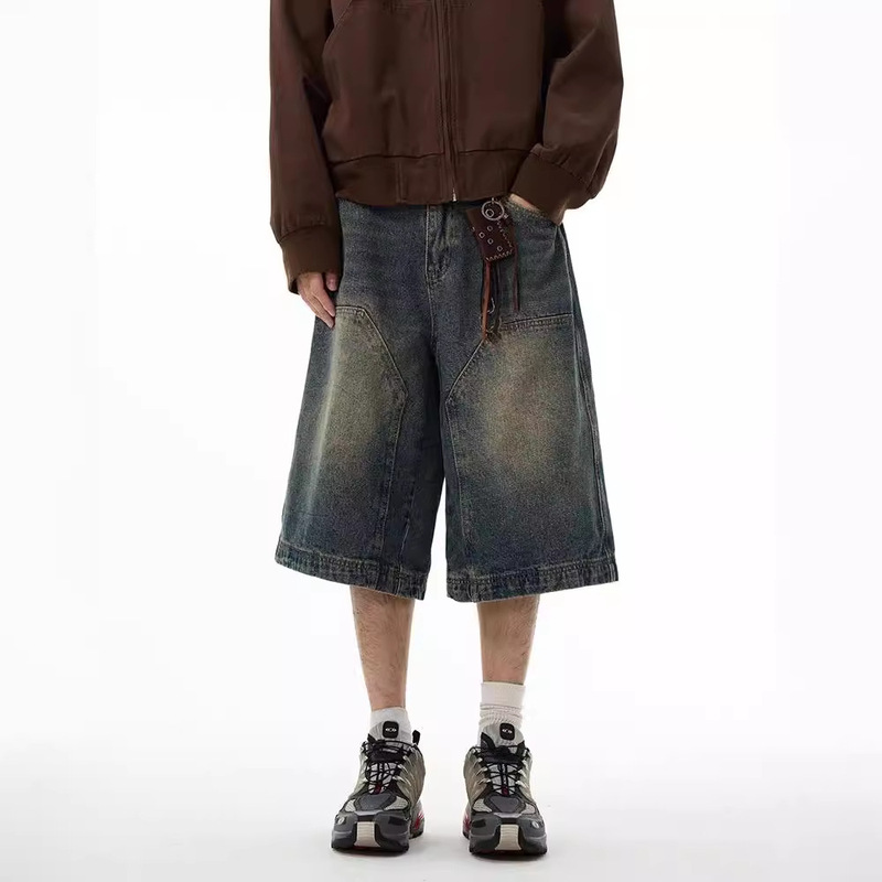 Cross-border American Style Denim Shorts Men's Retro Pants European and American Logging Wide-leg Shorts Six-legged Pants Couple's Summer