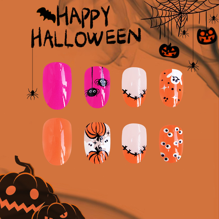 False Nails Oval Spider Web Pumpkin Orange Ghost 24 Pack_voghion.com