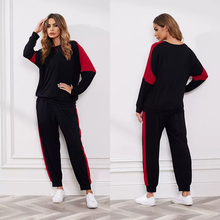 秋冬跨境欧美女士运动套装撞色长袖束脚长裤休闲运动服套装定制
