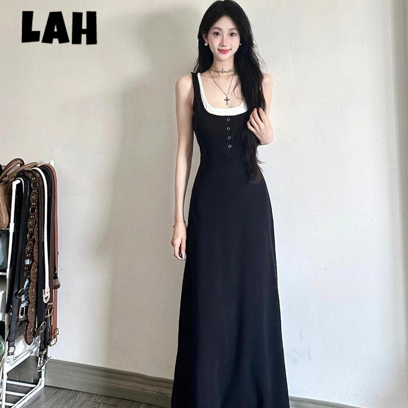 Tea Break French Skirt Stitching Fake Two Pieces Pure Retro Spice Girl Sling dress INS Waist Long Dress for Children