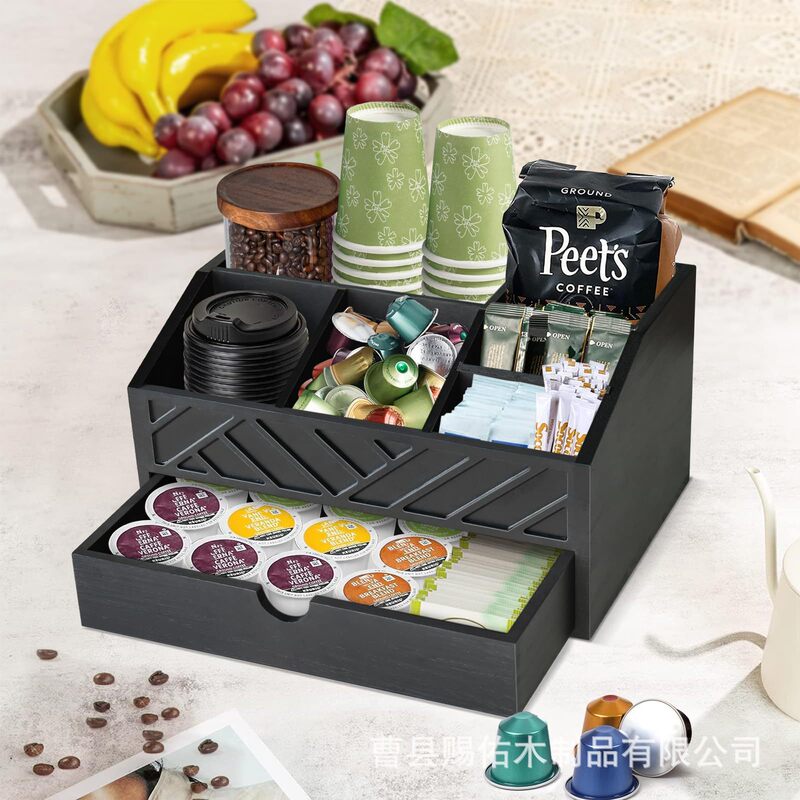 Black Wooden Coffee Bar Storage Box with Drawers, Multi-Compartment Capsule and Sugar Packet Organizer, Desktop Miscellaneous Storage Box Black Wooden Coffee Bar Storage Box with Drawers, Multi-Compartment Capsule and Sugar Packet Organizer, Desktop Miscellaneous Storage Box