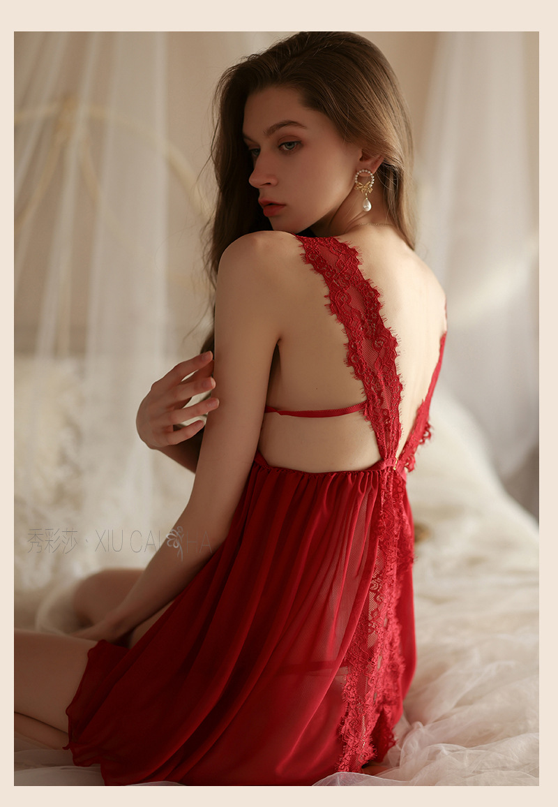 Wine-Red Lace Mesh Babydoll Nightgown with Short Skirt Design, See-Through Wholesale Lingerie — detail image 11