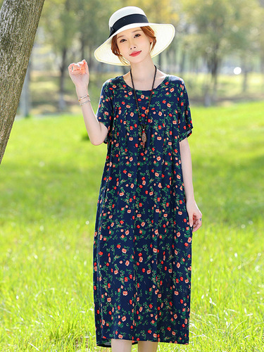 New Elegant Cotton Silk Dress for Summer Women, Floral Pattern, Fashionable Mother's Dress for Middle-Aged and Elderly Women