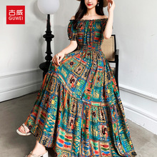 跨境外贸棉绸露肩海边度假连衣裙夏新款旅行氛围感沙滩裙子一字领