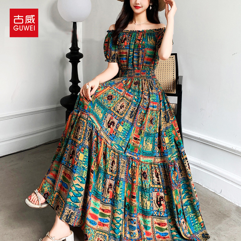 Cross-Border Trade Cotton Silk Off-Shoulder Beach Vacation Dress, New Summer Style, Travel Vibe Beach Dress with Off-Shoulder Neckline