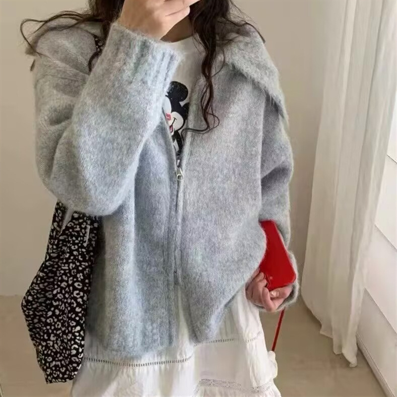 Soft and Loose Outer Wear Navy Collar Top, Gentle and Lazy Style Korean Knitted Cardigan Sweater Jacket for Women, Autumn and Winter Trend