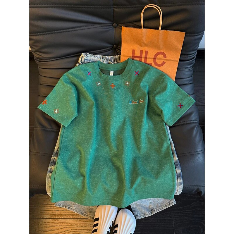 Dark Green American-Style Tie-Dye Embroidered Short-Sleeve Men's Summer Trendy Brand Small-Neck T-Shirt with a High-End Feel, Couple's Half-Sleeve Design