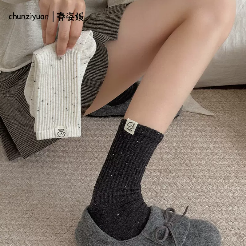 诸暨袜子女款春秋中筒袜韩系学院风秋冬棉袜可爱卡通小狗布标长袜