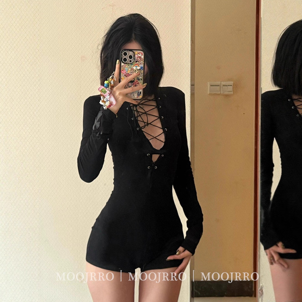 黑色镂空长袖连体衣女秋季小个子内搭修身性感辣妹美式短款连体裤